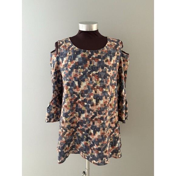 John Mark Linen Tunic Top Size S Blue Brown Bell Sleeve Oversize Lagenlook Fall - Picture 1 of 16